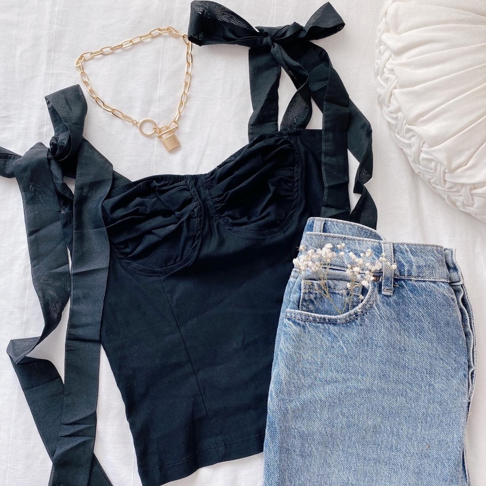 Black bow shoulder top blouse